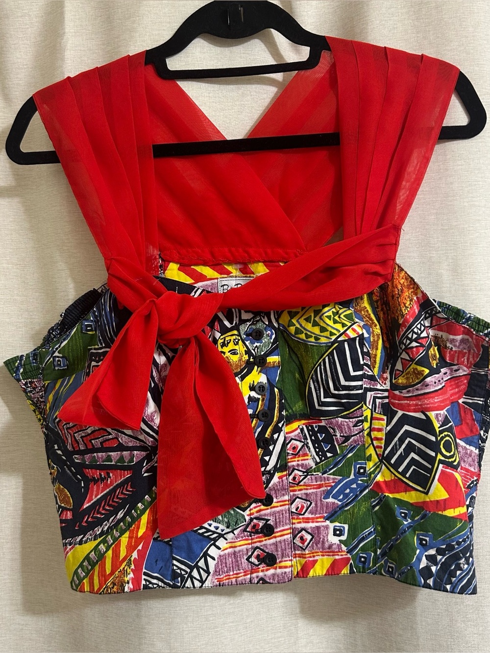 Red VTG Early MTV-Era 80s Bold Abstract Print Smocked Structured Cropped Top